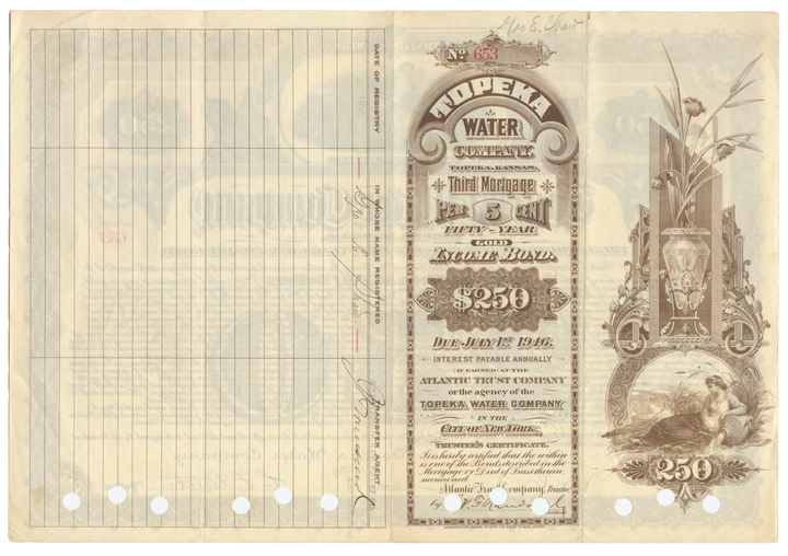 Topeka Water Company Bond Certificate