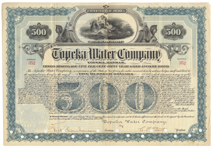 Topeka Water Company Bond Certificate