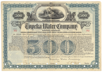 Topeka Water Company Bond Certificate