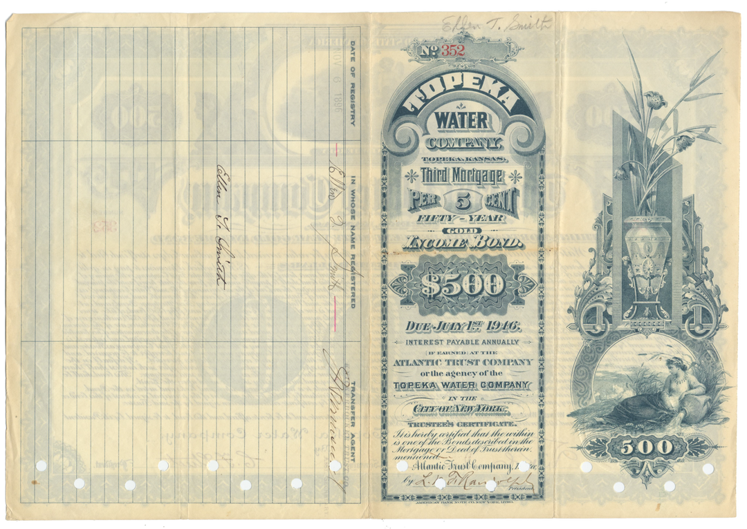 Topeka Water Company Bond Certificate