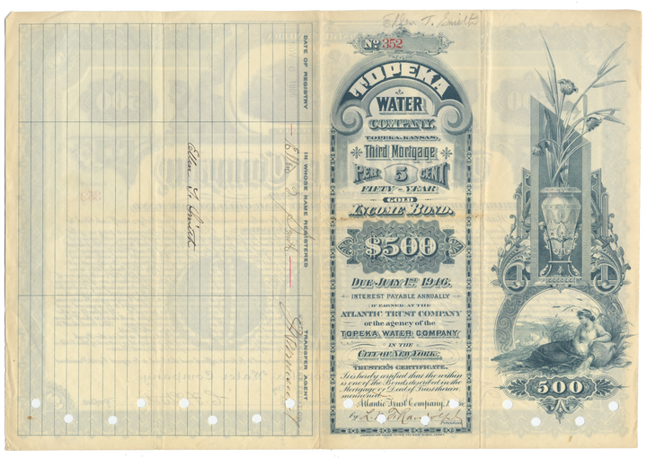 Topeka Water Company Bond Certificate