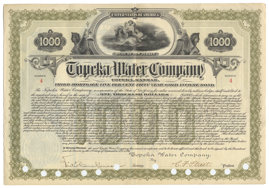 Topeka Water Company Bond Certificate