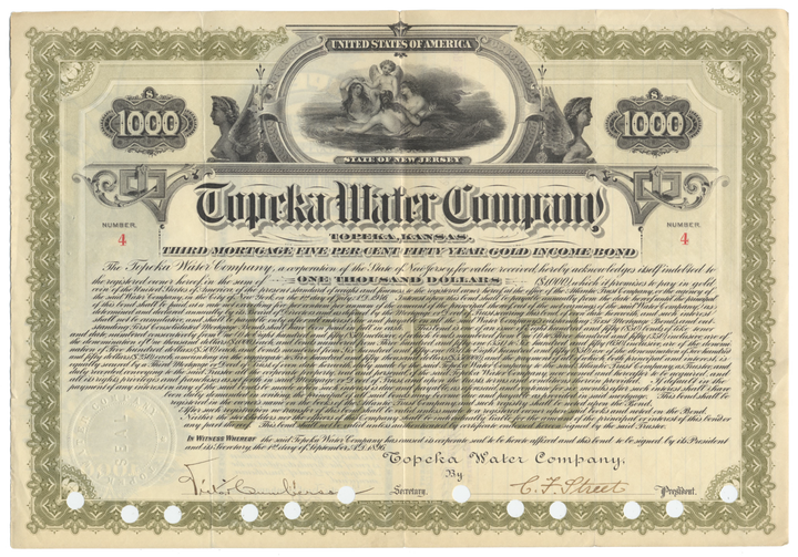 Topeka Water Company Bond Certificate