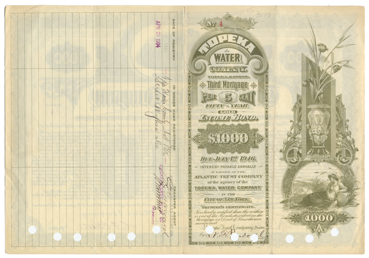 Topeka Water Company Bond Certificate