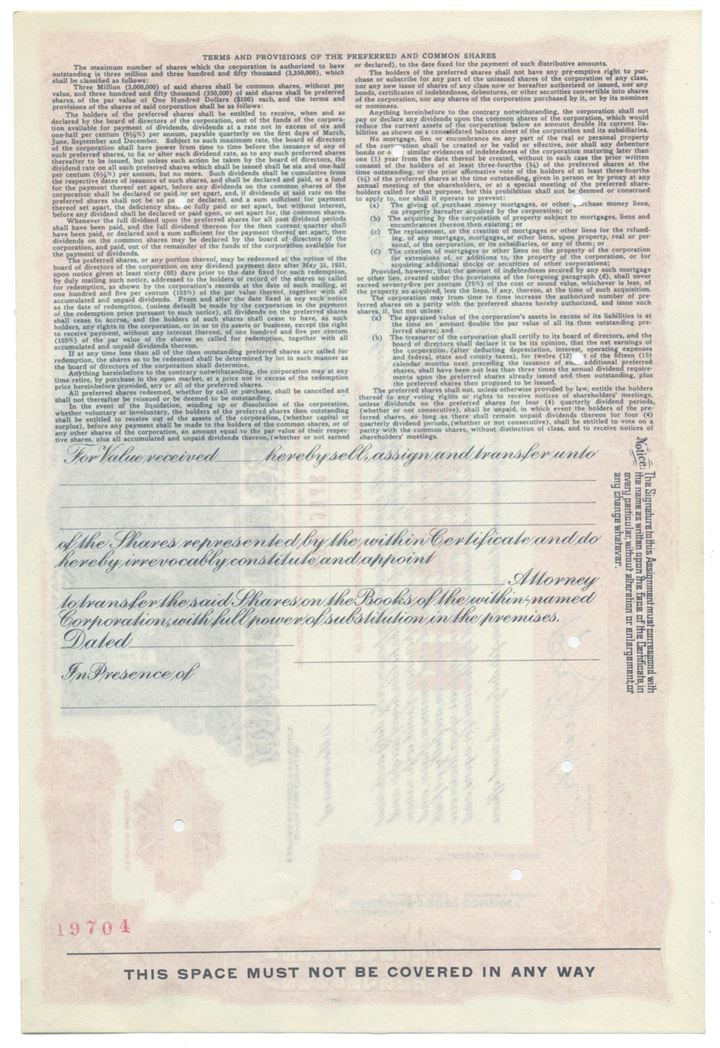 City Ice & Fuel Company Specimen Stock Certificate