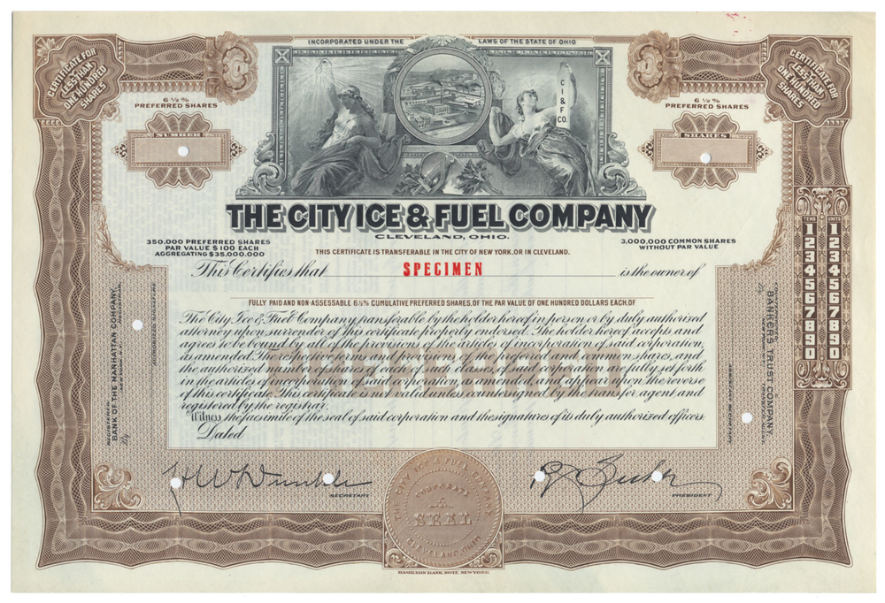 City Ice & Fuel Company Specimen Stock Certificate