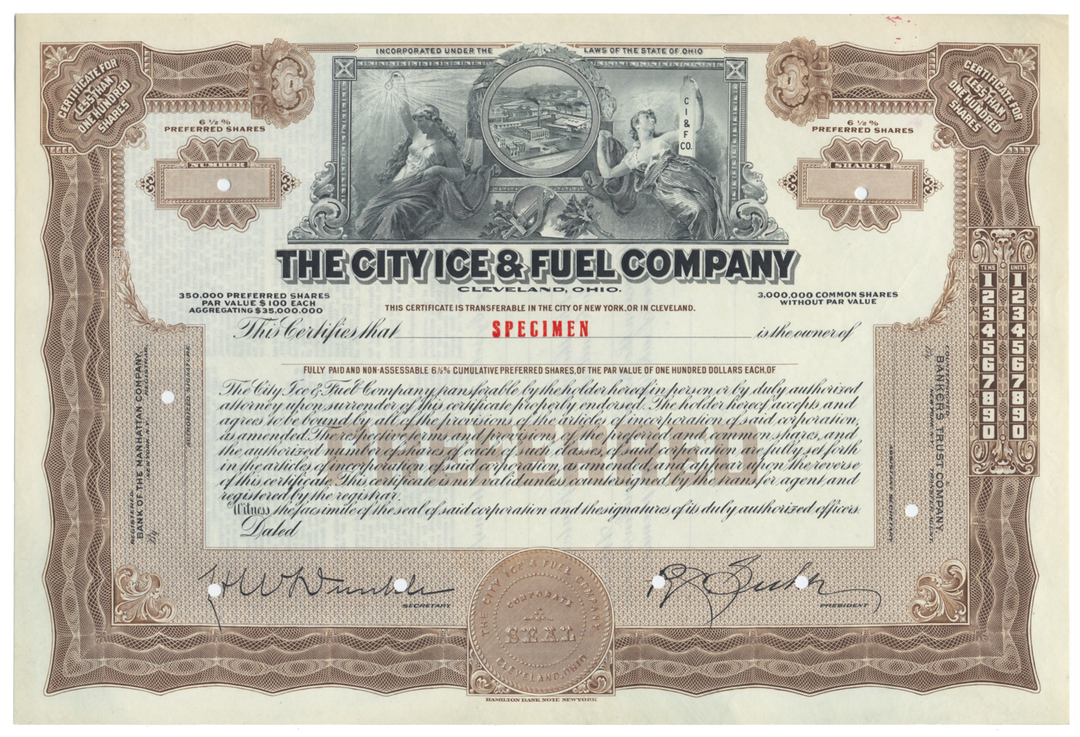 City Ice & Fuel Company Specimen Stock Certificate