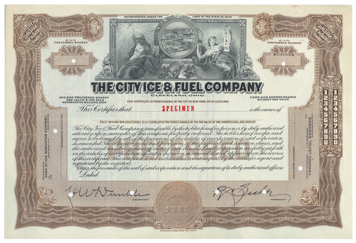 City Ice & Fuel Company Specimen Stock Certificate