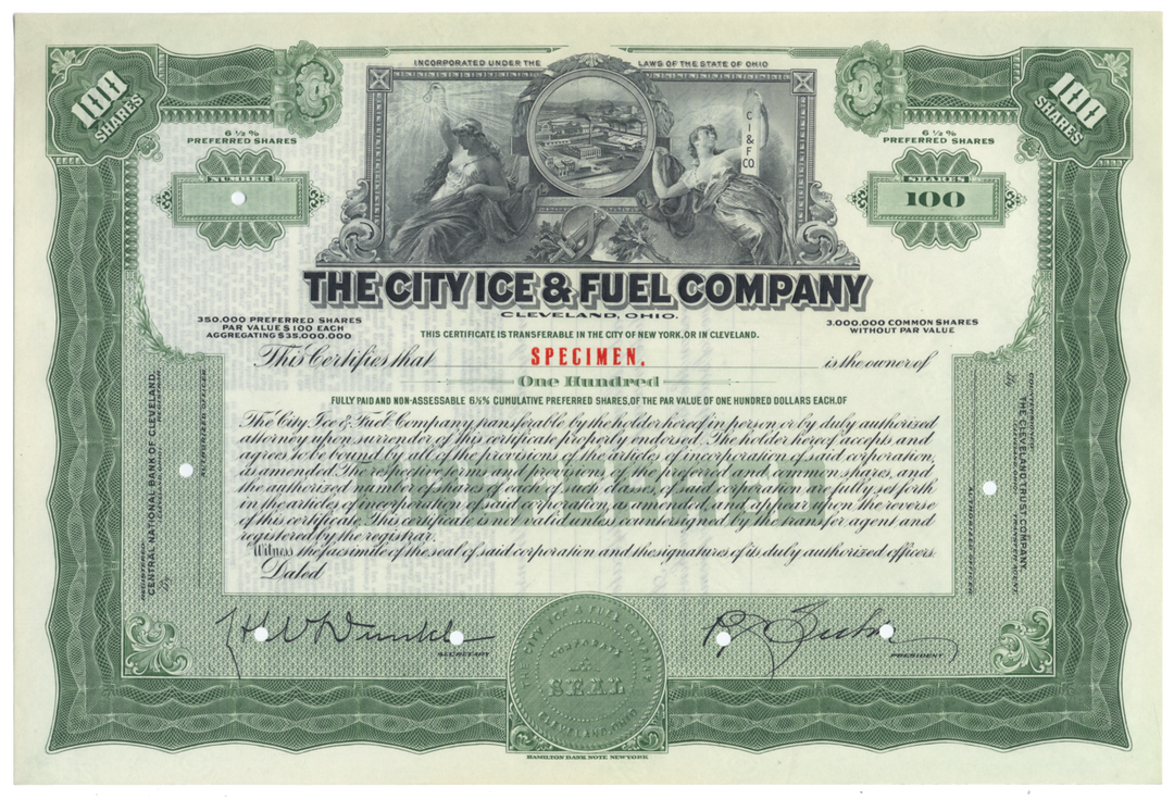 City Ice & Fuel Company Specimen Stock Certificate