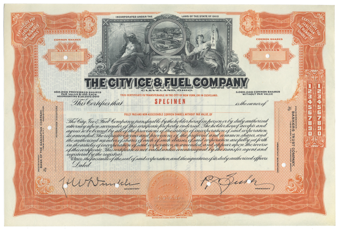 City Ice & Fuel Company Specimen Stock Certificate