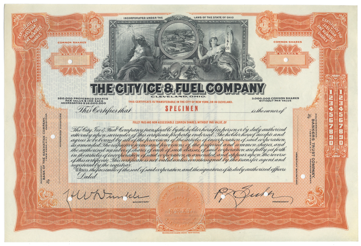 City Ice & Fuel Company Specimen Stock Certificate