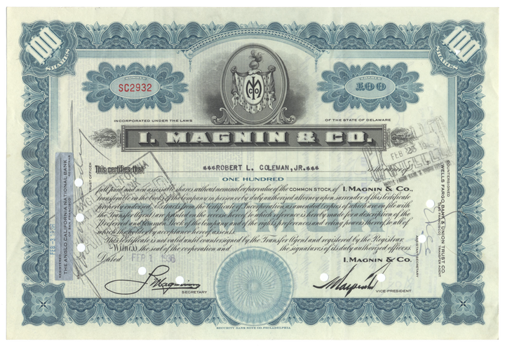 I. Magnin & Co. Stock Certificate