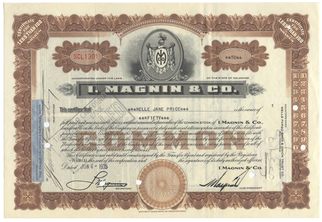 I. Magnin & Co. Stock Certificate