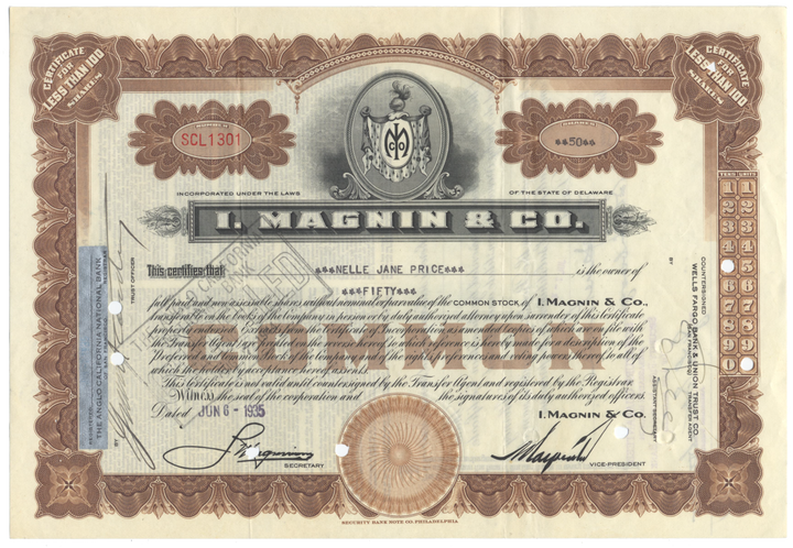 I. Magnin & Co. Stock Certificate