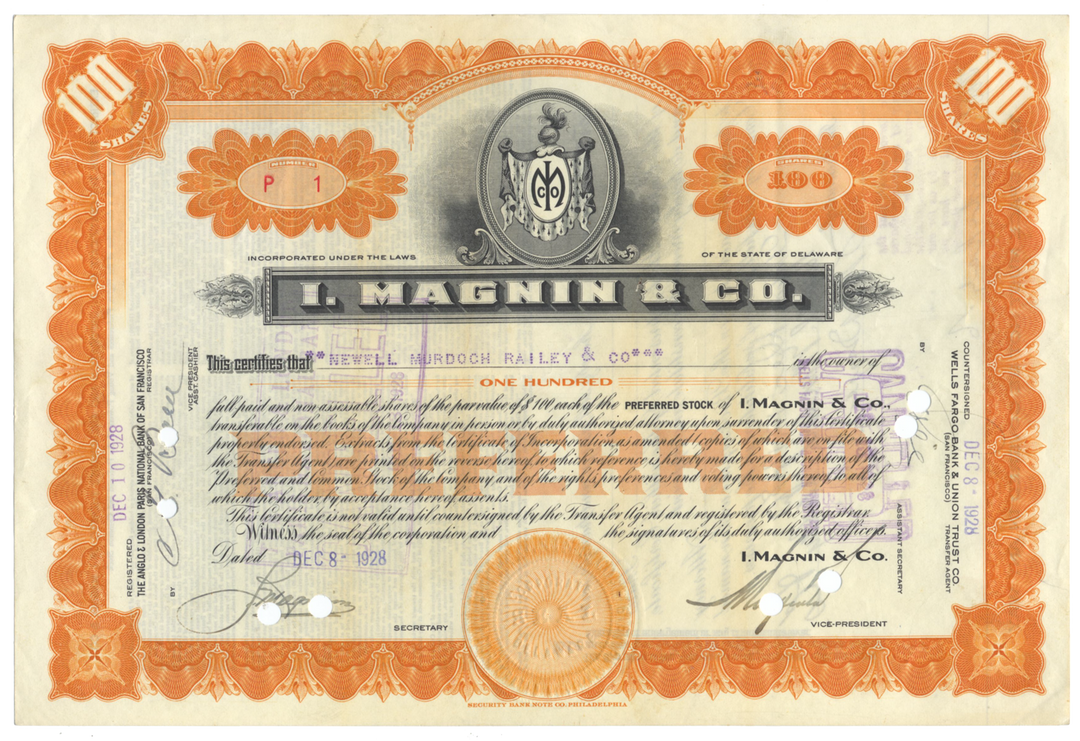 I. Magnin & Co. Stock Certificate