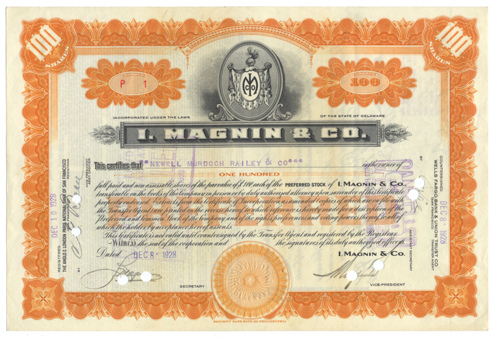 I. Magnin & Co. Stock Certificate