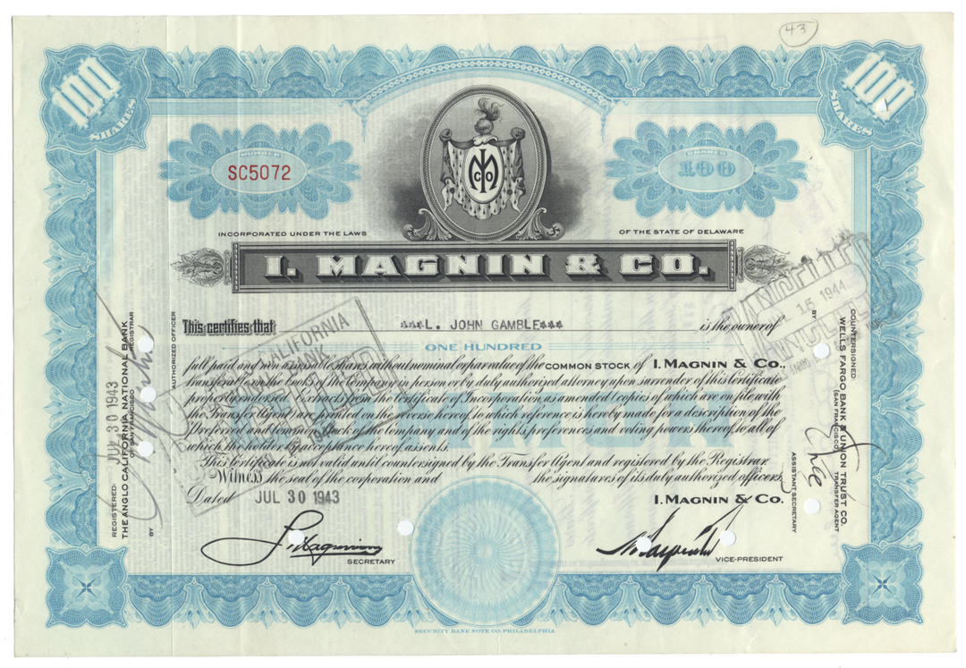 I. Magnin & Co. Stock Certificate