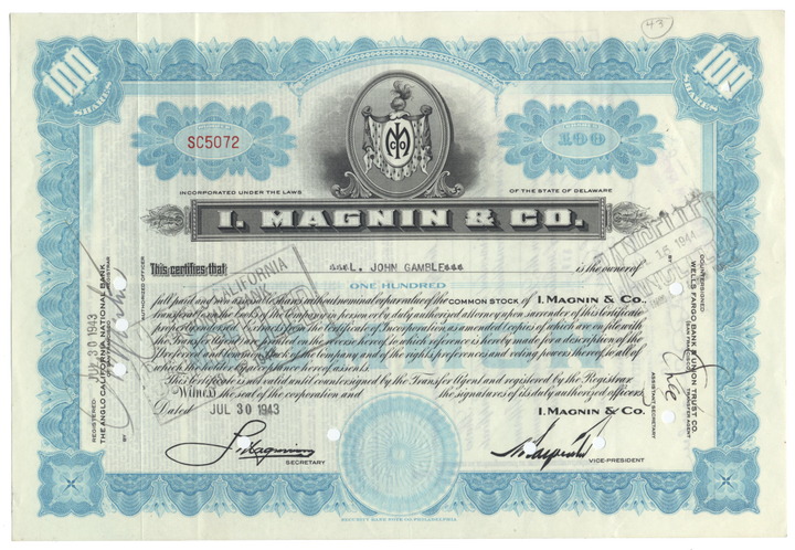 I. Magnin & Co. Stock Certificate