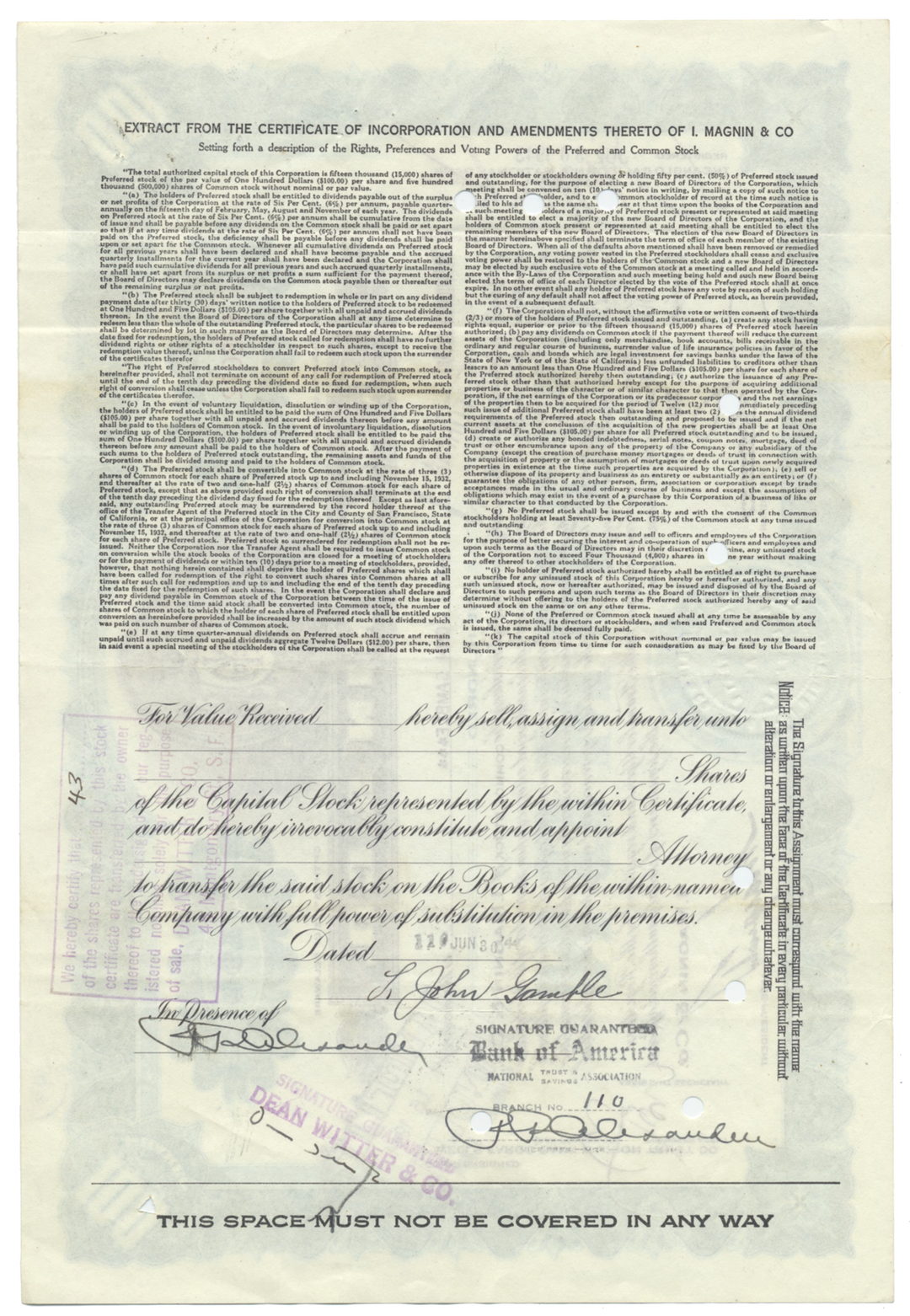 I. Magnin & Co. Stock Certificate