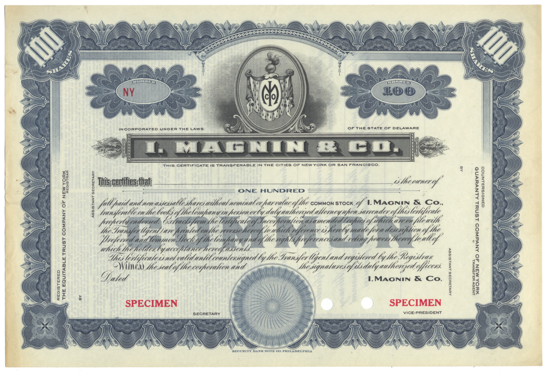 I. Magnin & Co. Specimen Stock Certificate