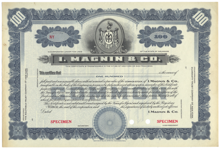 I. Magnin & Co. Specimen Stock Certificate