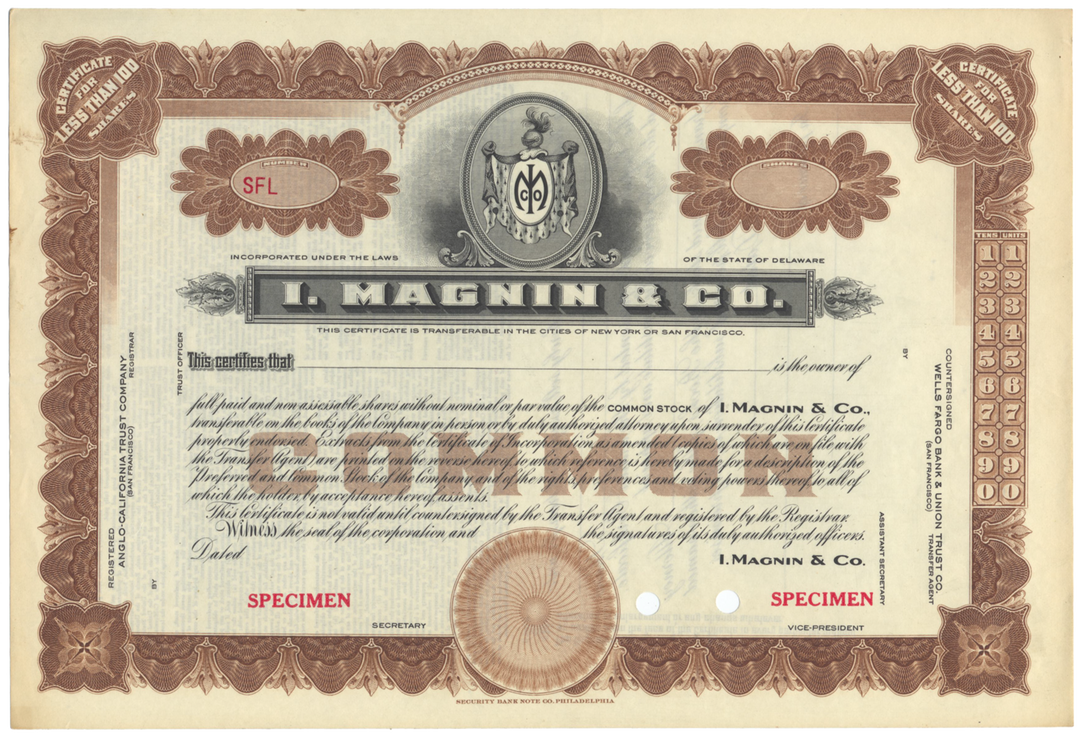 I. Magnin & Co. Specimen Stock Certificate