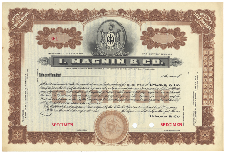 I. Magnin & Co. Specimen Stock Certificate