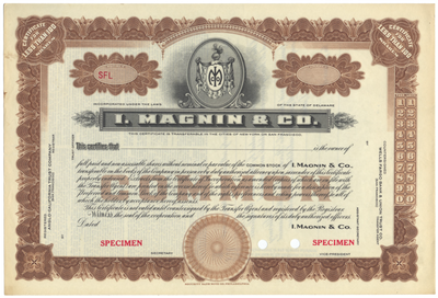 I. Magnin & Co. Specimen Stock Certificate