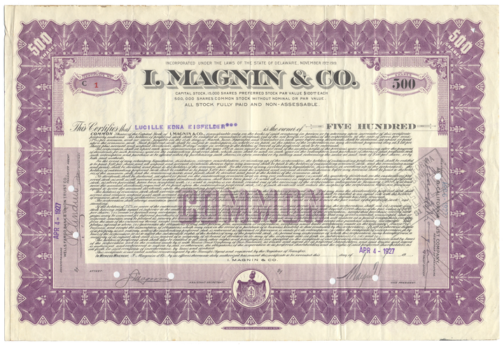 I. Magnin & Co. Stock Certificate