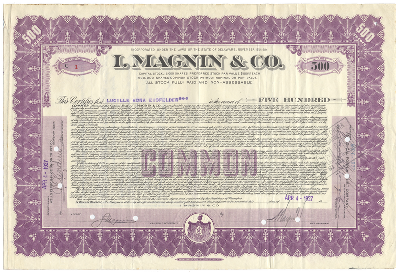 I. Magnin & Co. Stock Certificate