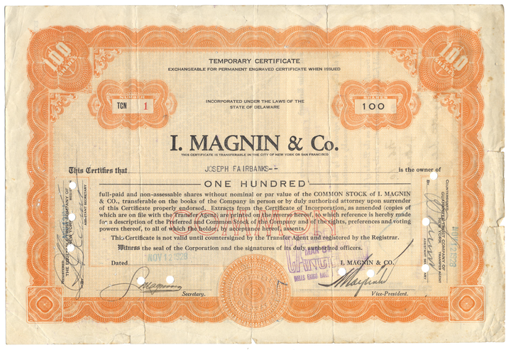 I. Magnin & Co. Stock Certificate