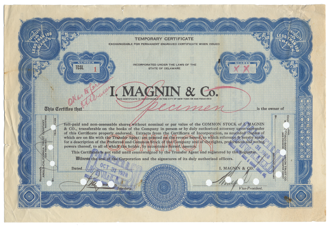 I. Magnin Co. Specimen Stock Certificate