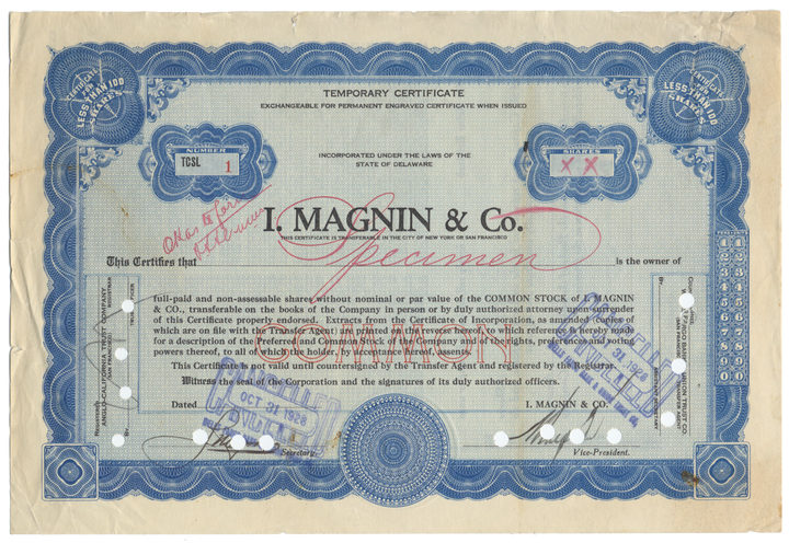 I. Magnin Co. Specimen Stock Certificate