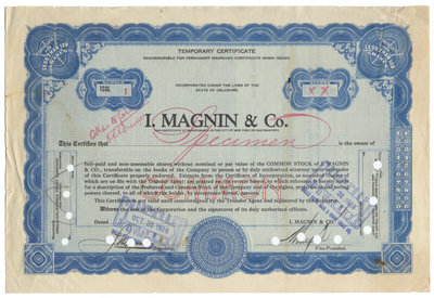 I. Magnin Co. Specimen Stock Certificate