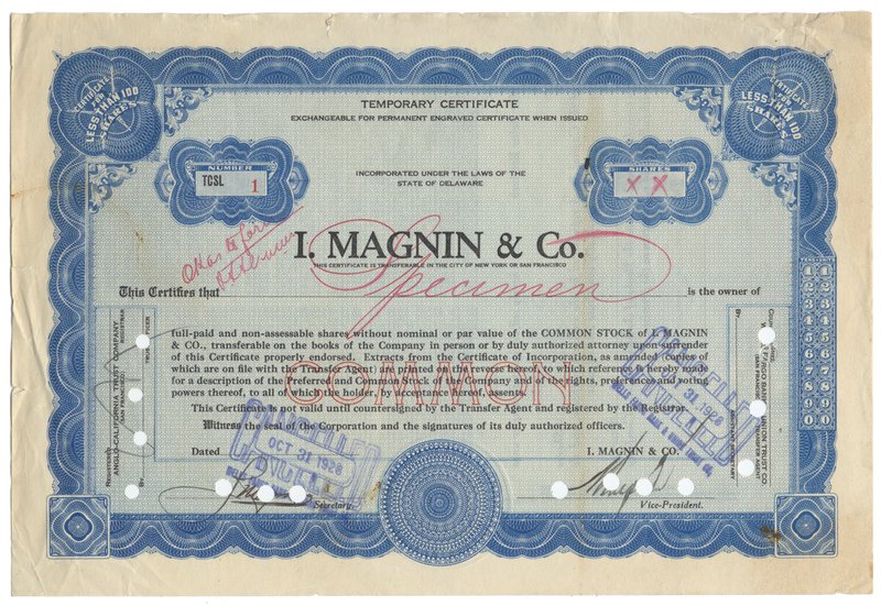 I. Magnin Co. Specimen Stock Certificate