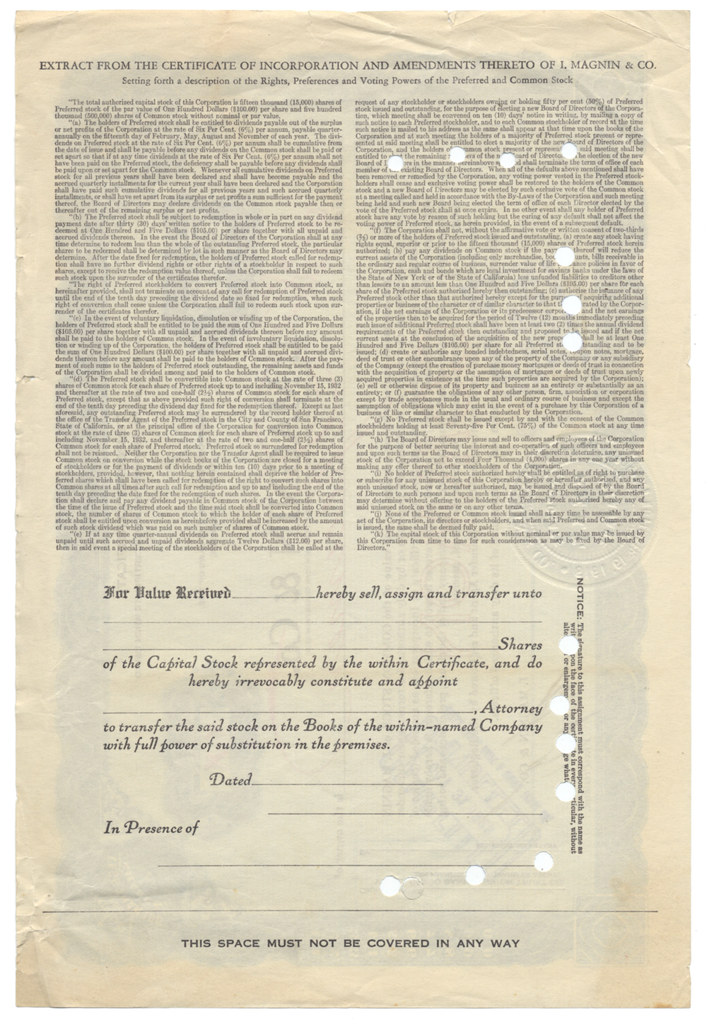 I. Magnin Co. Specimen Stock Certificate