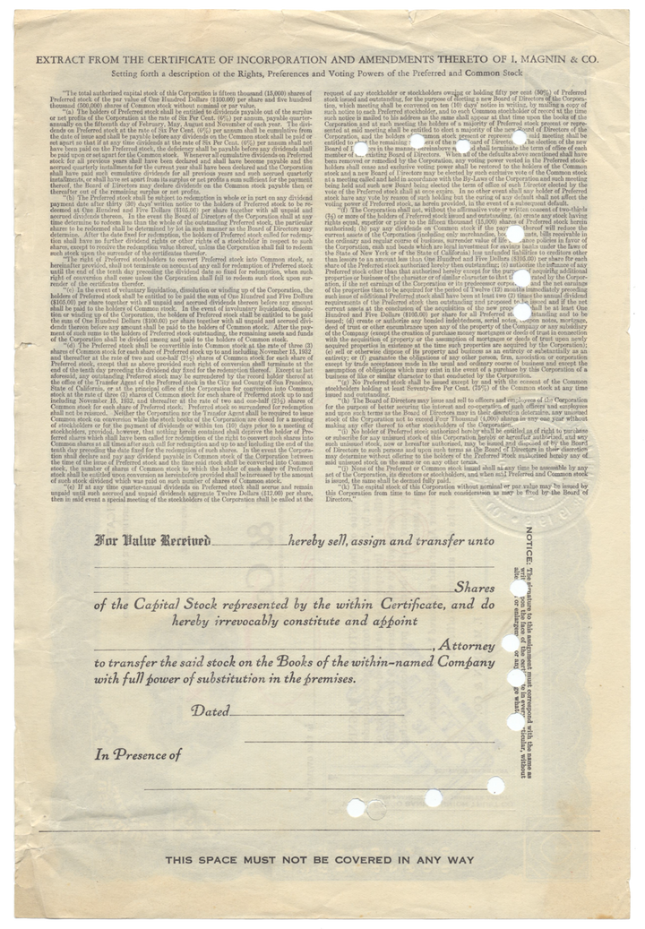 I. Magnin Co. Specimen Stock Certificate