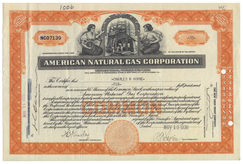 American Natural Gas Corporation Stock Certificate