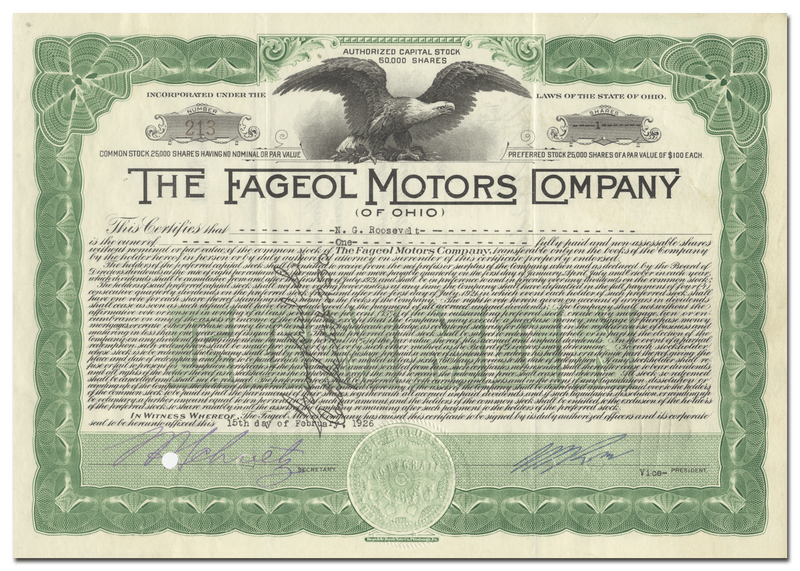 Fageol Motors Company of Ohio Stock Certificate