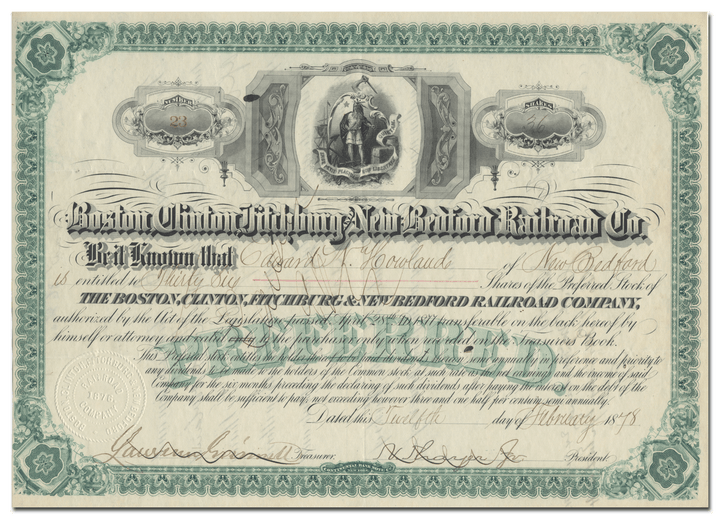 Boston, Clinton, Fitchburg and New Bedford Railroad Company Stock Certificate