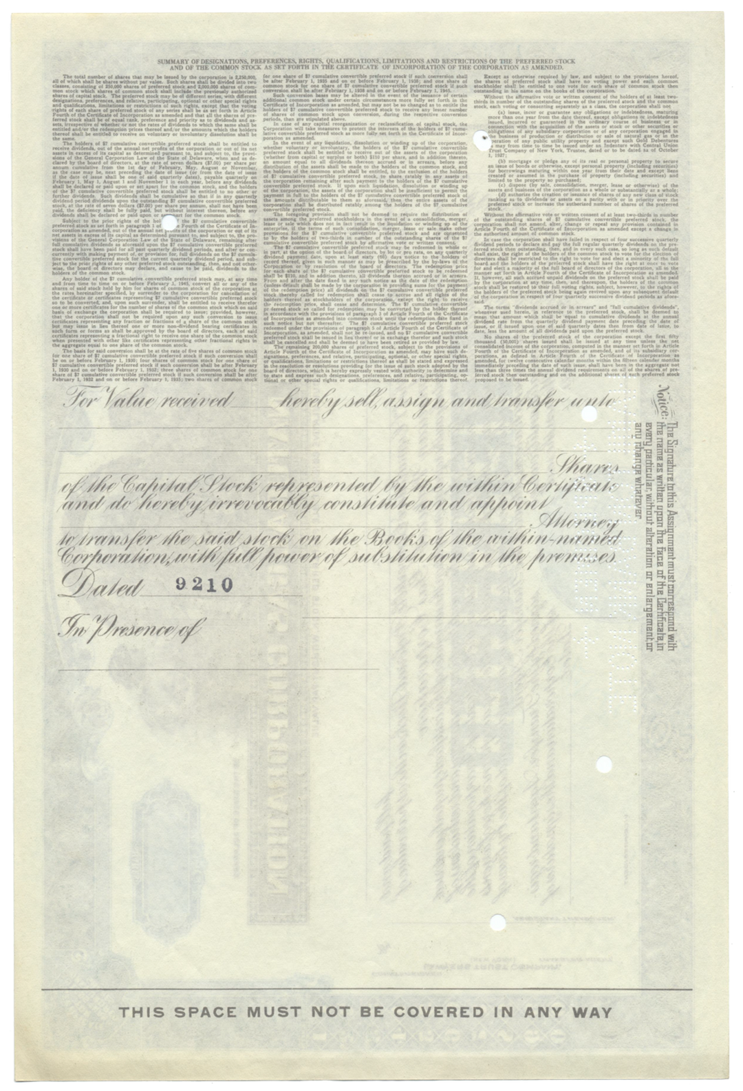 American Natural Gas Corporation Specimen Stock Certificate