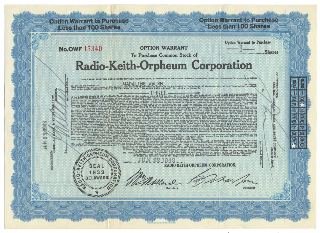 Radio-Keith-Orpheum Corporation Stock Certificate