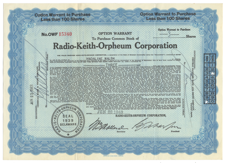 Radio-Keith-Orpheum Corporation Stock Certificate