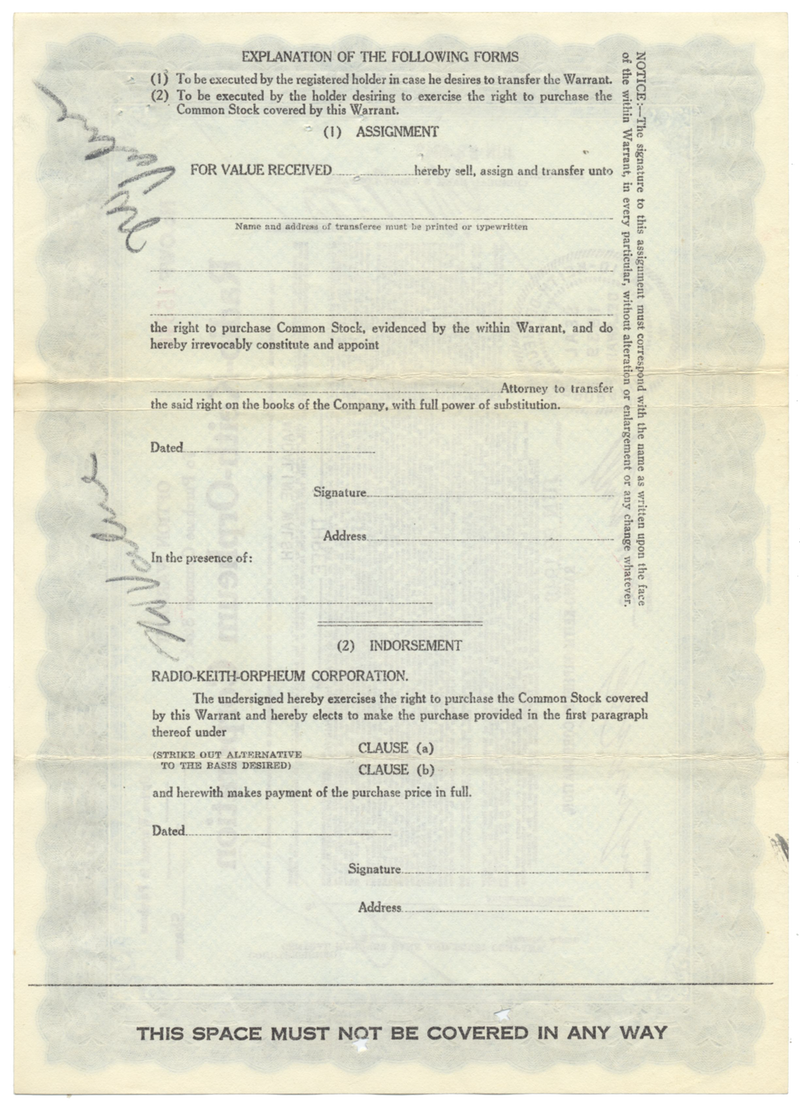 Radio-Keith-Orpheum Corporation Stock Certificate
