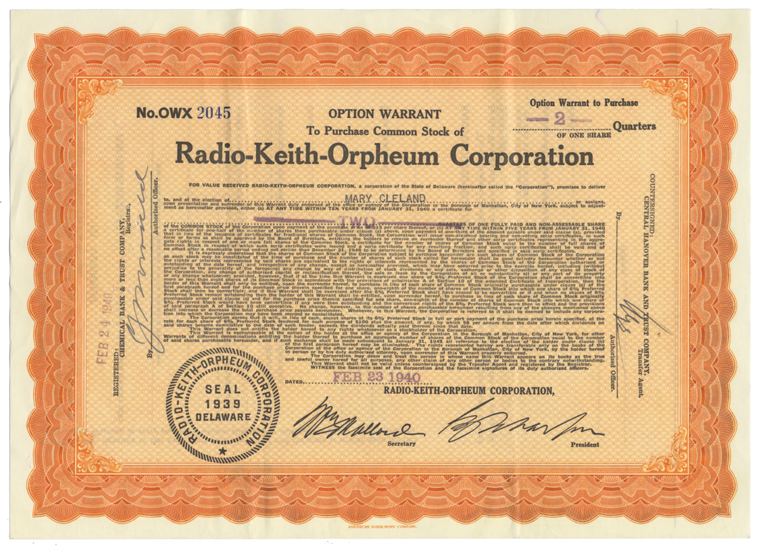 Radio-Keith-Orpheum Corporation Stock Certificate