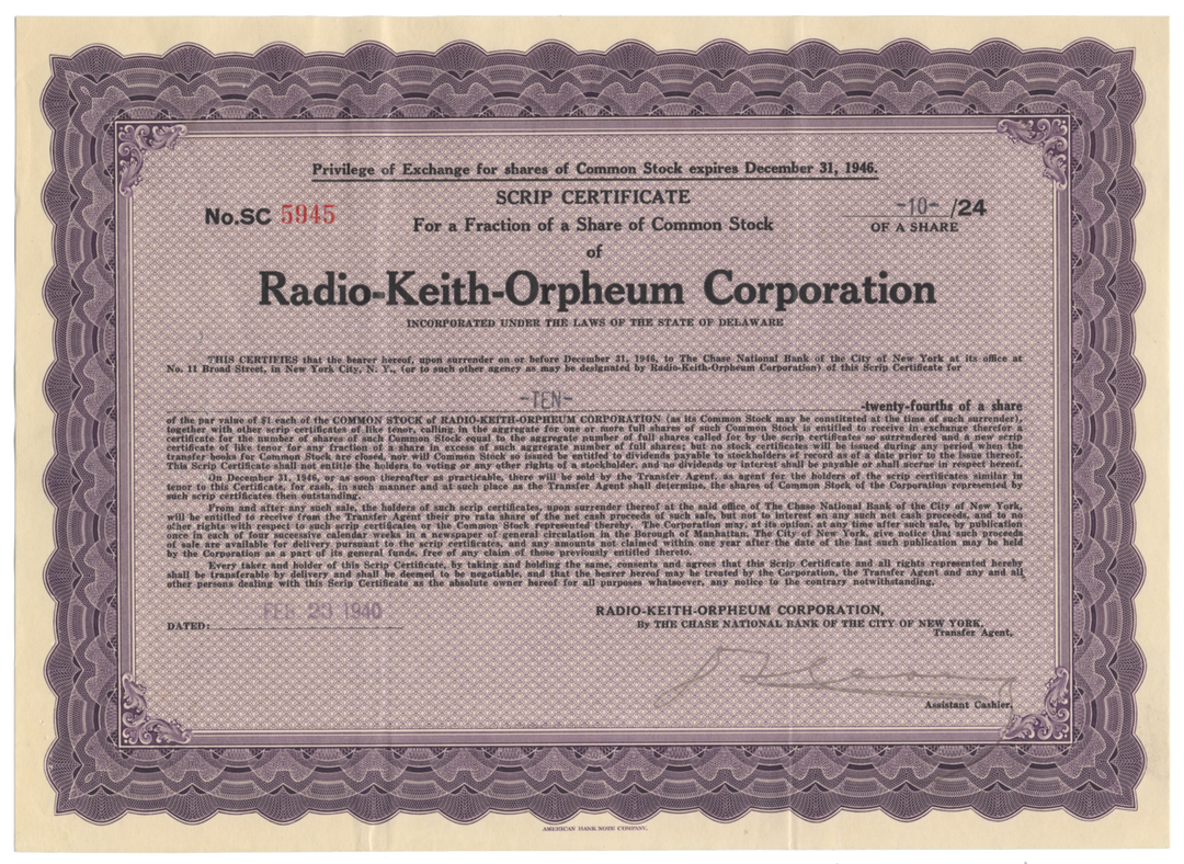 Radio-Keith-Orpheum Corporation Stock Certificate