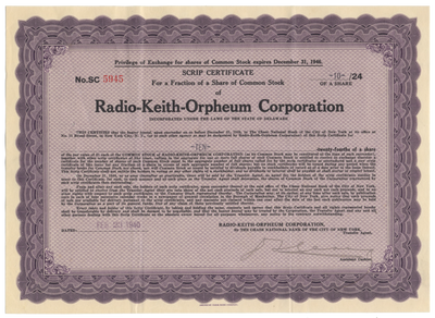 Radio-Keith-Orpheum Corporation Stock Certificate