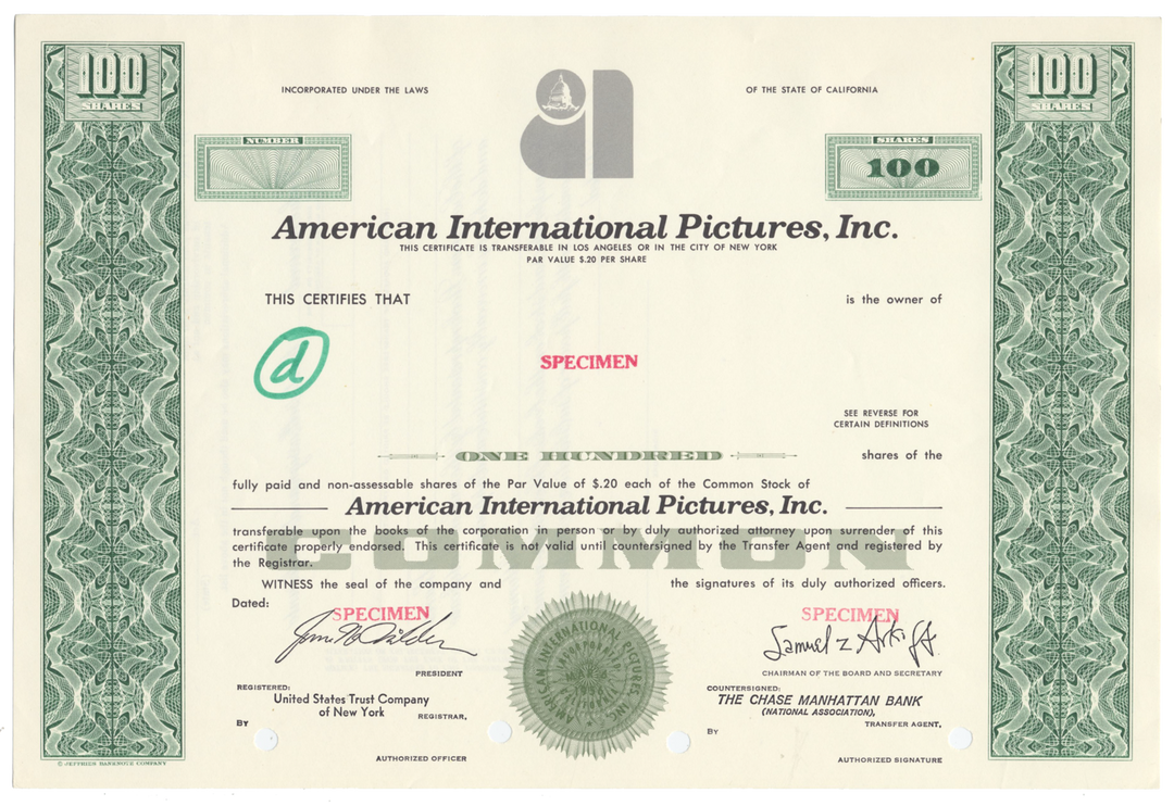 American International Pictures, Inc. Specimen Stock Certificate