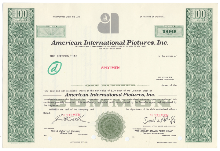 American International Pictures, Inc. Specimen Stock Certificate