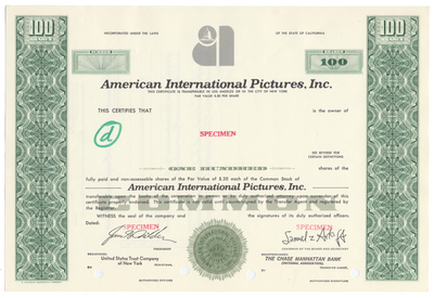 American International Pictures, Inc. Specimen Stock Certificate